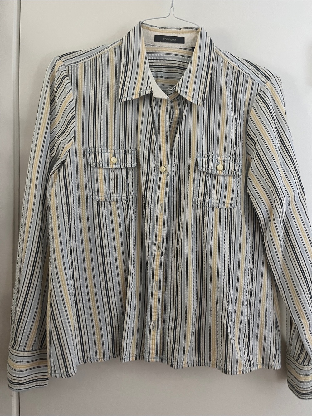 Liz Claiborne Striped Button-Down Shirt in Blue, Yellow & White
